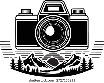 Cámara con paisaje de montaña negro blanco