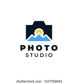 Camera with mountain peak and sun illustration concept for logo template design.