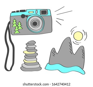 Camera and mountains on a white background. An object. Vector illustration.