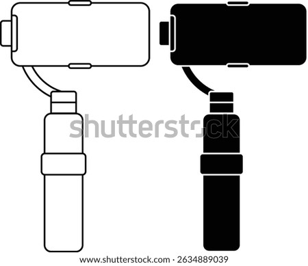 Camera mounted on a gimbal stabilizer. Camera Gimbal Stabilizer Outline Icon set, a black and white outline icon perfect for videography, filmmaking, and photography 