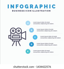 Camera, Movie, Film, Education Blue Infographics Template 5 Steps. Vector Line Icon template