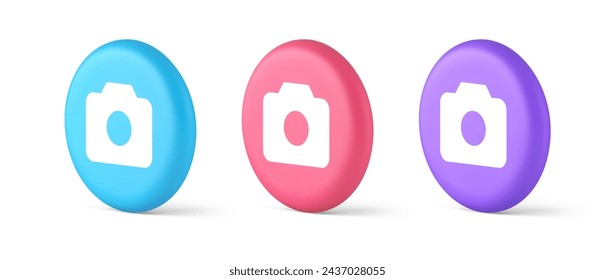 Camera multimedia application content creation digital button 3d realistic blue pink and purple icons. Photo video shooting media network app navigation keyboard user interface panel
