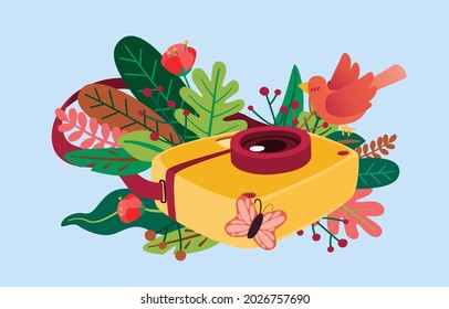 Camera and nature with bird and butterfly, logo or banner drawing style, vector illustration