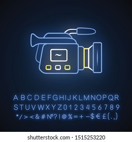 Camera neon light icon. Camcorder. Videotaping, video recording. Filmmaking professional equipment. Video production. Glowing sign with alphabet, numbers and symbols. Vector isolated illustration
