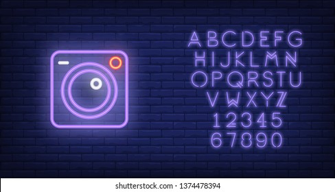 Camera neon sign. Small video camera turning on. Night bright advertisement. Vector illustration in neon style for web camera and equipment