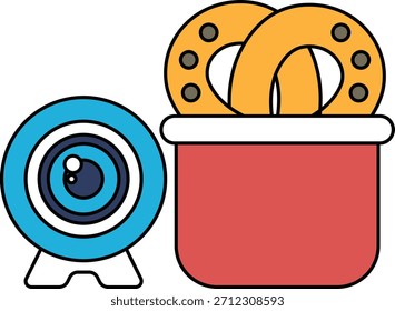 A camera is next to a bucket. The camera is black and white