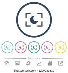 Camera night mode flat color icons in round outlines. 6 bonus icons included.