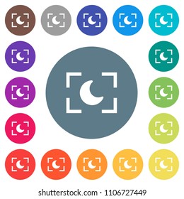 Camera night mode flat white icons on round color backgrounds. 17 background color variations are included.