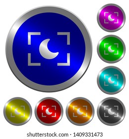 Camera night mode icons on round luminous coin-like color steel buttons