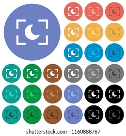 Camera night mode multi colored flat icons on round backgrounds. Included white, light and dark icon variations for hover and active status effects, and bonus shades on black backgounds.