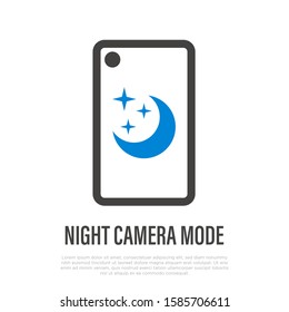 Camera night mode on smartphone. Moon with stars sign on screen. Thin line icon. Mobile technology. Modern vector illustration.