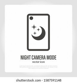 Camera night mode on smartphone. Moon with stars sign on screen. Thin line icon. Mobile technology. Modern vector illustration.