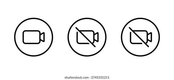 Camera and no video icon in circular outline. Webcam and recording restriction symbol
