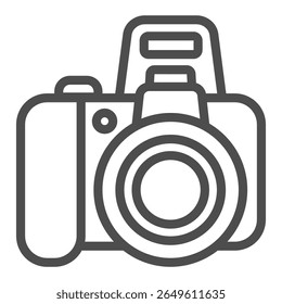 Camera with objective and flash line icon, optical equipment concept. Vector graphics. Photo camera sign on white background, outline style icon for mobile or web design