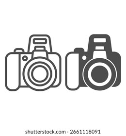 Camera with objective and flash line and solid icon, optical equipment concept. Vector graphics. Photo camera sign on white background, outline style icon for mobile or web design