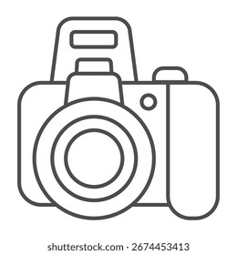 Camera with objective and flash thin line icon, optical equipment concept. Vector graphics. Photo camera sign on white background, outline style icon for mobile or web design