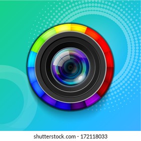 Camera Objective on Blue Abstract Background
