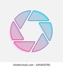 camera objective. simple silhouette. Colored logo with diagonal lines and blue-red gradient. Neon graphic, light effect
