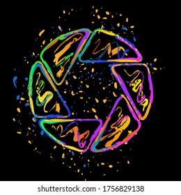 camera objective. simple silhouette. Colored ink with splashes on black background