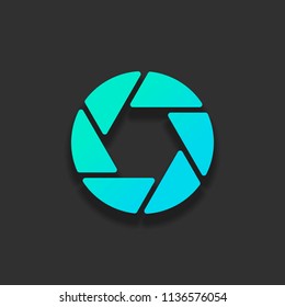 camera objective. simple silhouette. Colorful logo concept with soft shadow on dark background. Icon color of azure ocean
