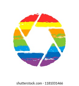 camera objective. simple silhouette. Drawing sign with LGBT style, seven colors of rainbow (red, orange, yellow, green, blue, indigo, violet