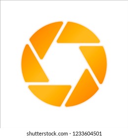 camera objective. simple silhouette. Orange sign with low light on white background