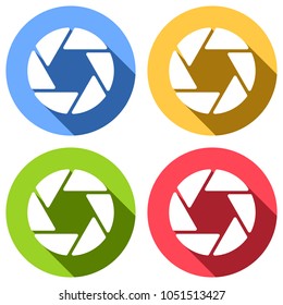 camera objective. simple silhouette. Set of white icons with long shadow on blue, orange, green and red colored circles. Sticker style