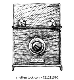 Camera obscura. Vector hand drawn sketch of retro photocamera in vintage engraved style on white background.