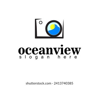 
camera with an ocean image lens logo design template