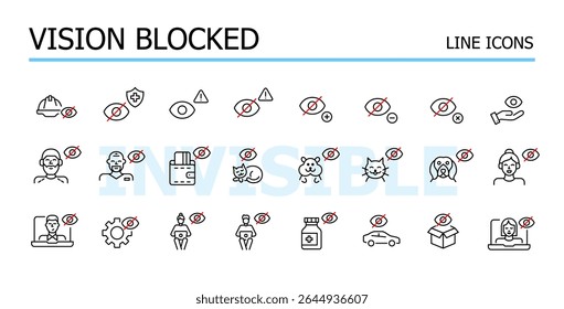 Câmera desligada, visão bloqueada. Definição de ícones de traçado editáveis por vetor