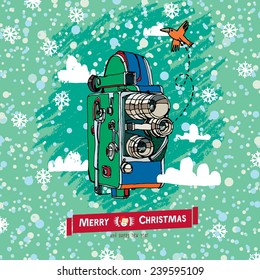 Camera on the background snow. Vector illustration.