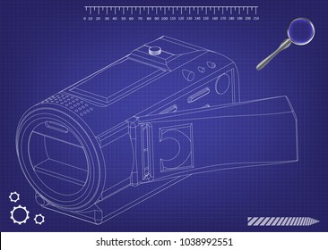 Camera on blue background. Drawing. 3d model