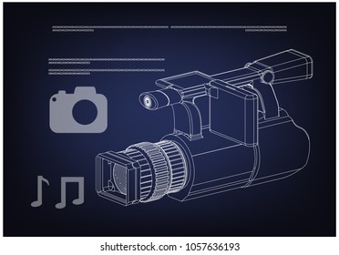 Camera on blue background. Drawing. 3d model