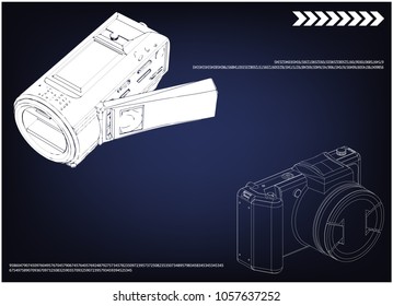 Camera on blue background. Drawing. 3d model