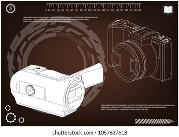 Camera on brown background. Drawing. 3d model
