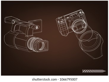 Camera on brown background. Drawing. 3d model