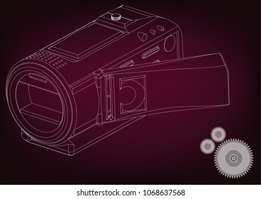Camera on burgundy background. Drawing. 3d model