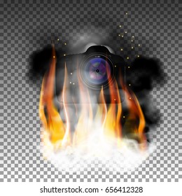 The camera is on fire and smoke. The isolated object in fire and smoke retains natural transparency.
