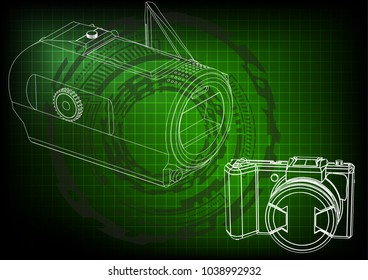 Camera on green background. Drawing. 3d model