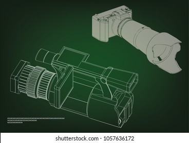 Camera on green background. Drawing. 3d model