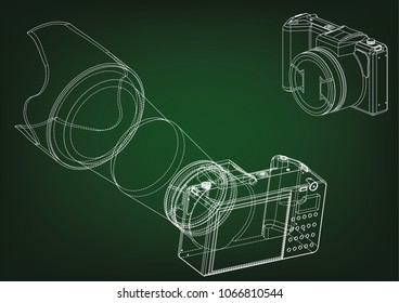 Camera on green background. Drawing. 3d model