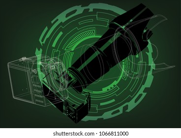 Camera on green background. Drawing. 3d model