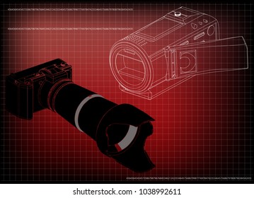 Camera on red background. Drawing. 3d model