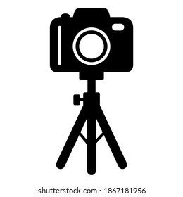 Cámara sobre el icono del trípode de pie en el diseño de estilo de silueta moderna. Ilustración vectorial aislada en fondo blanco.
