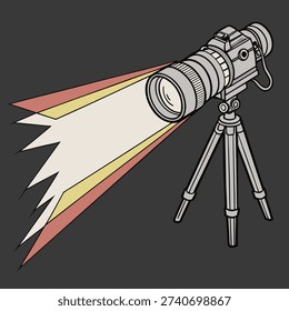 Camera on tripod emitting a bright light beam vintage black background.eps
