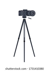 Camera on a tripod isolated on a white background. The camera is mounted on a tripod. 3d view. Vector.