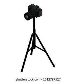 Camera On A Tripod Isolated On White Background. Camera Mounted On Tripod. Isometric View. Vector