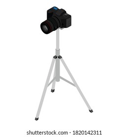 Camera On A Tripod Isolated On White Background. Camera Mounted On Tripod. Isometric View. Vector