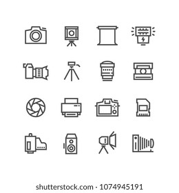 Camera on tripod, photo lens and photography equipment line vector icons isolated on white background. Photography and photo equipment with tripod illustration