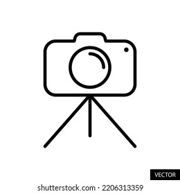 Camera on tripod, Photography concept vector icon in line style design for website, app, UI, isolated on white background. Editable stroke. EPS 10 vector illustration.